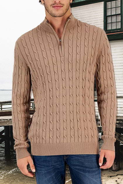 Men s Cable Knit Quarter Zip Cotton Sweater WildernessMans