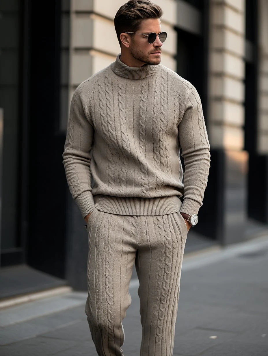 Men's Khaki Thick Knitted Sweater Set