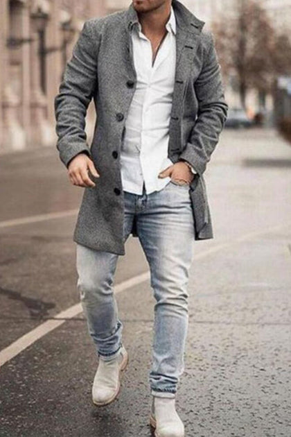 New Men's Woolen Stand Collar Mid-length Casual Coat with Pockets ...